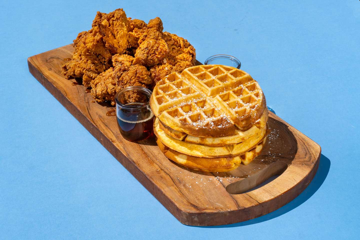 8 piece chicken, fresh house-made waffles, maple syrup, butter (Feeds 2-3)